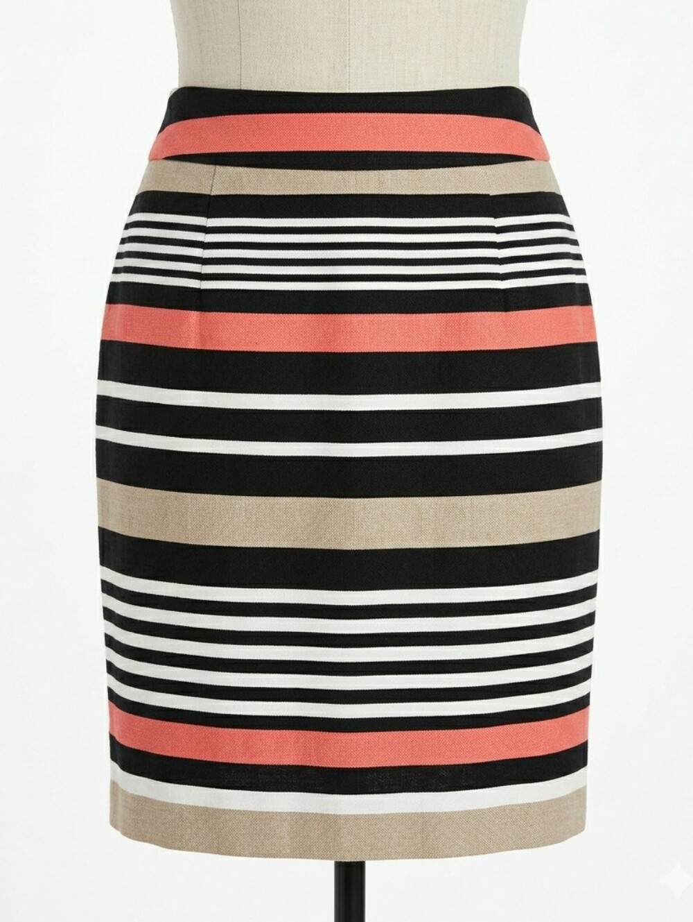 BANANA REPUBLIC Striped Pencil Skirt Size 0 Black White Tan Coral Basketweave
